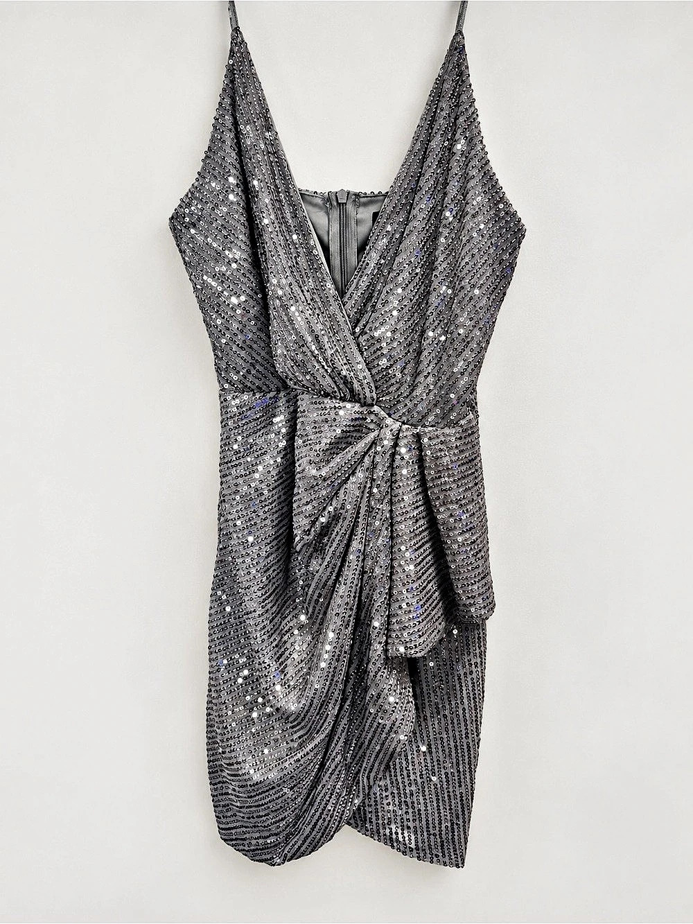 Double Crazy Sequined Bodycon Spaghetti Strap Mini Dress Gray Small